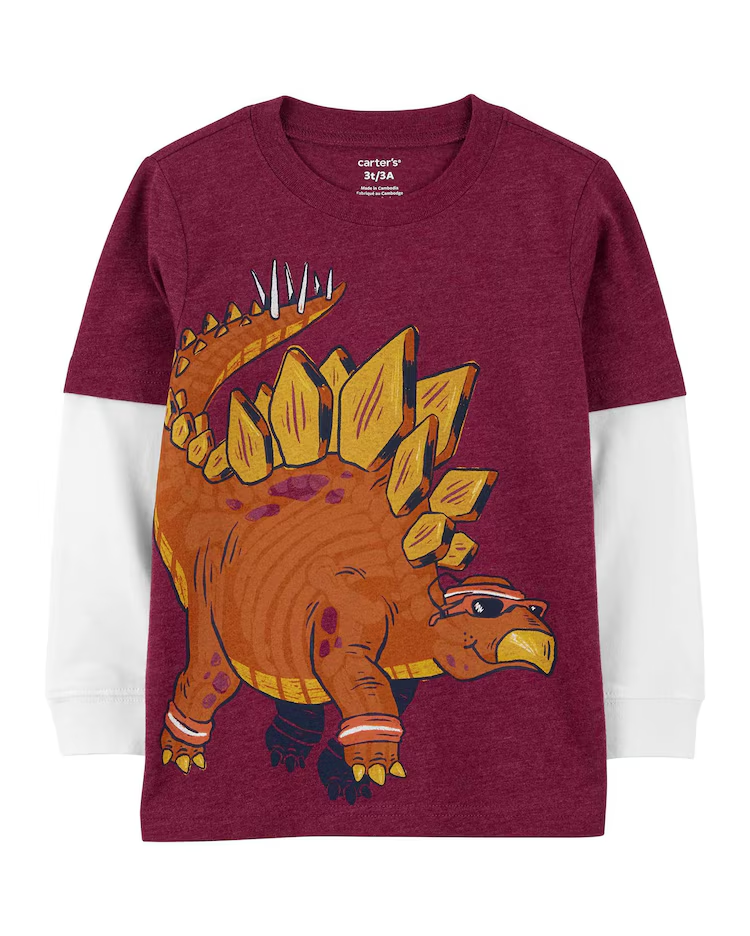 Camiseta infantil manga longa stegosauru vinho |