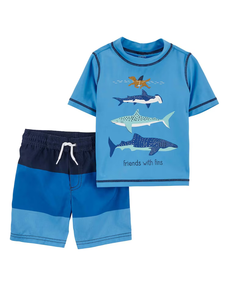 Conjunto de Praia Infantil 2 Peças Tubarões Azul Tam 2 a 5