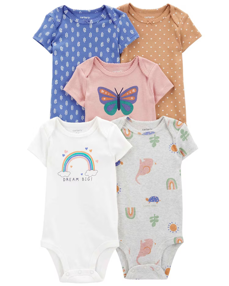 Kit body bebê 5 peças ombros transpassados corações multicor | Carter's