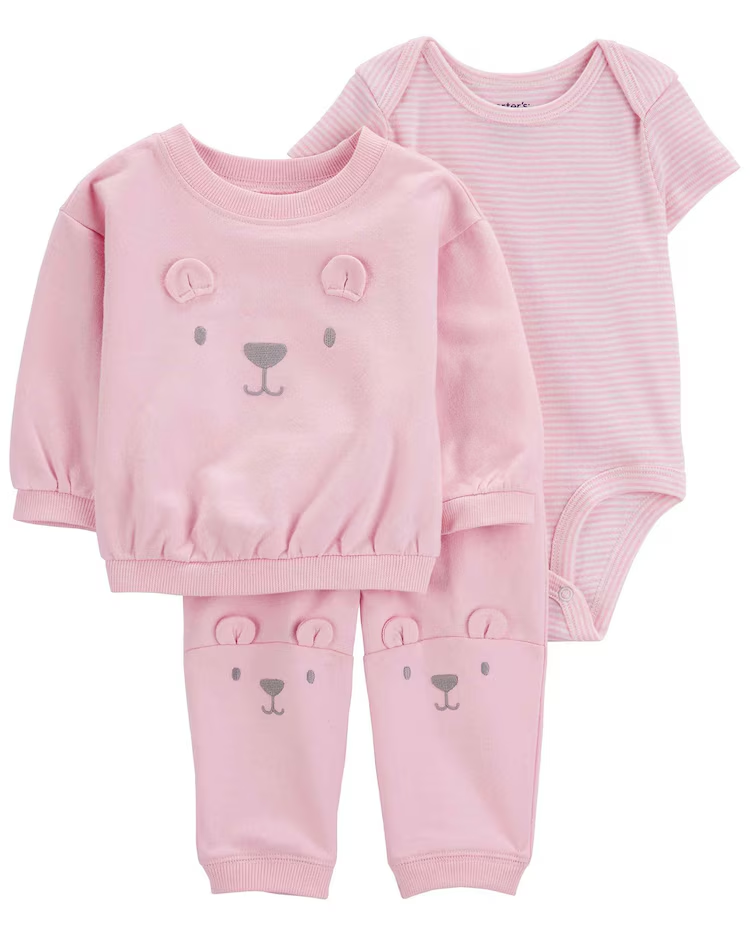 Conjunto longo de moletom bebê  3 peças bichinho rosa | Carter's