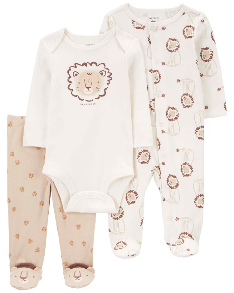 Conjunto longo bebê 3 peças com elástico leão multicor |