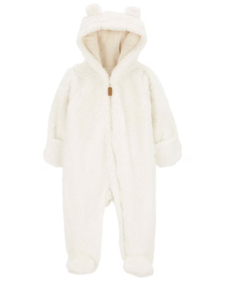 Macacão bebê em fleece com capuz branco |