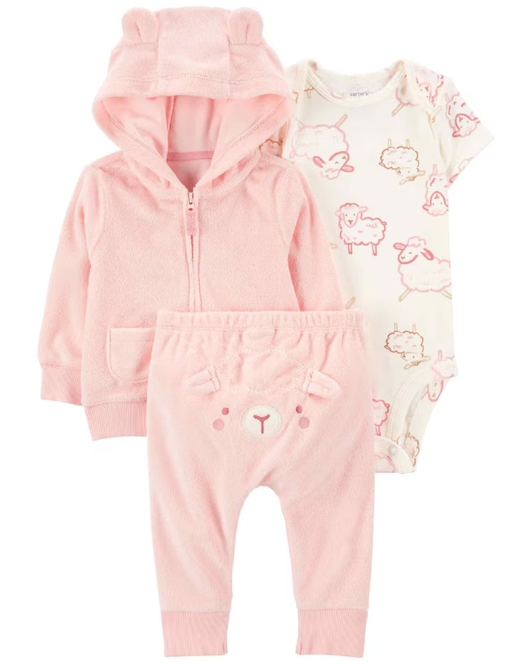 Conjunto longo bebê 3 peças fleece capuz ovelhas multicor | Carter's 