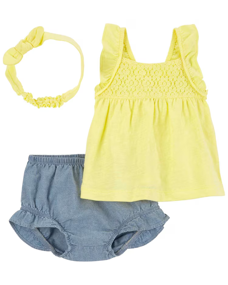 Conjunto curto bebê 2 peças com babados + faixa de cabelo multicor | Carter's