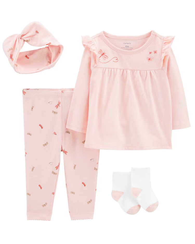 Conjunto longo bebê 4 peças com faixa borboletinhas rosa | Carter's 