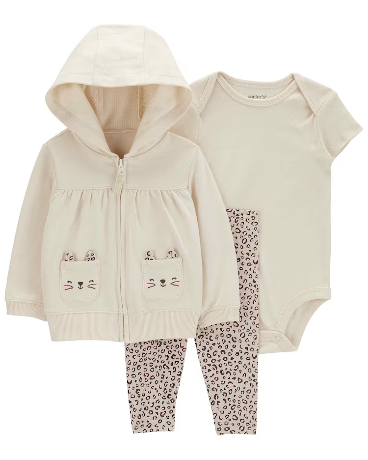 Conjunto longo bebê 3 peças listrado animal print com capuz multicor | Carter's